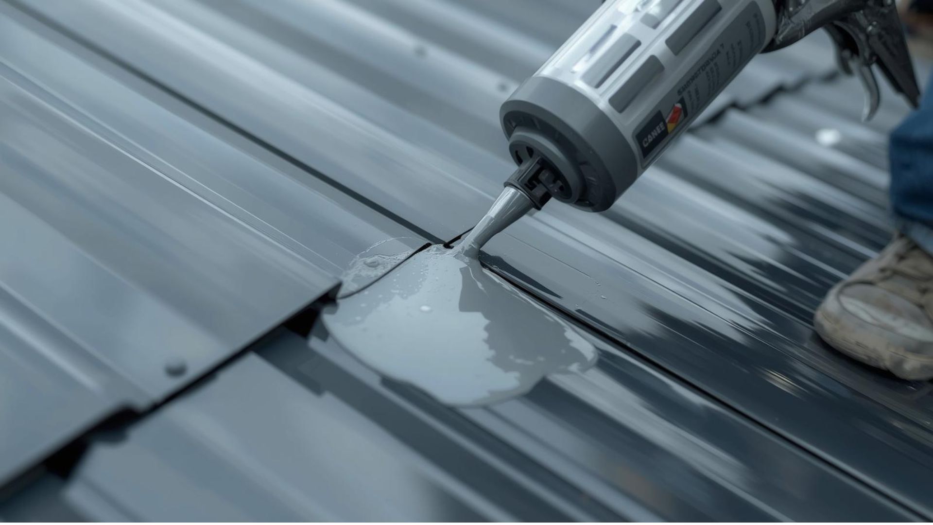 Caulking a seam on a gray metal roof with a sealant gun
