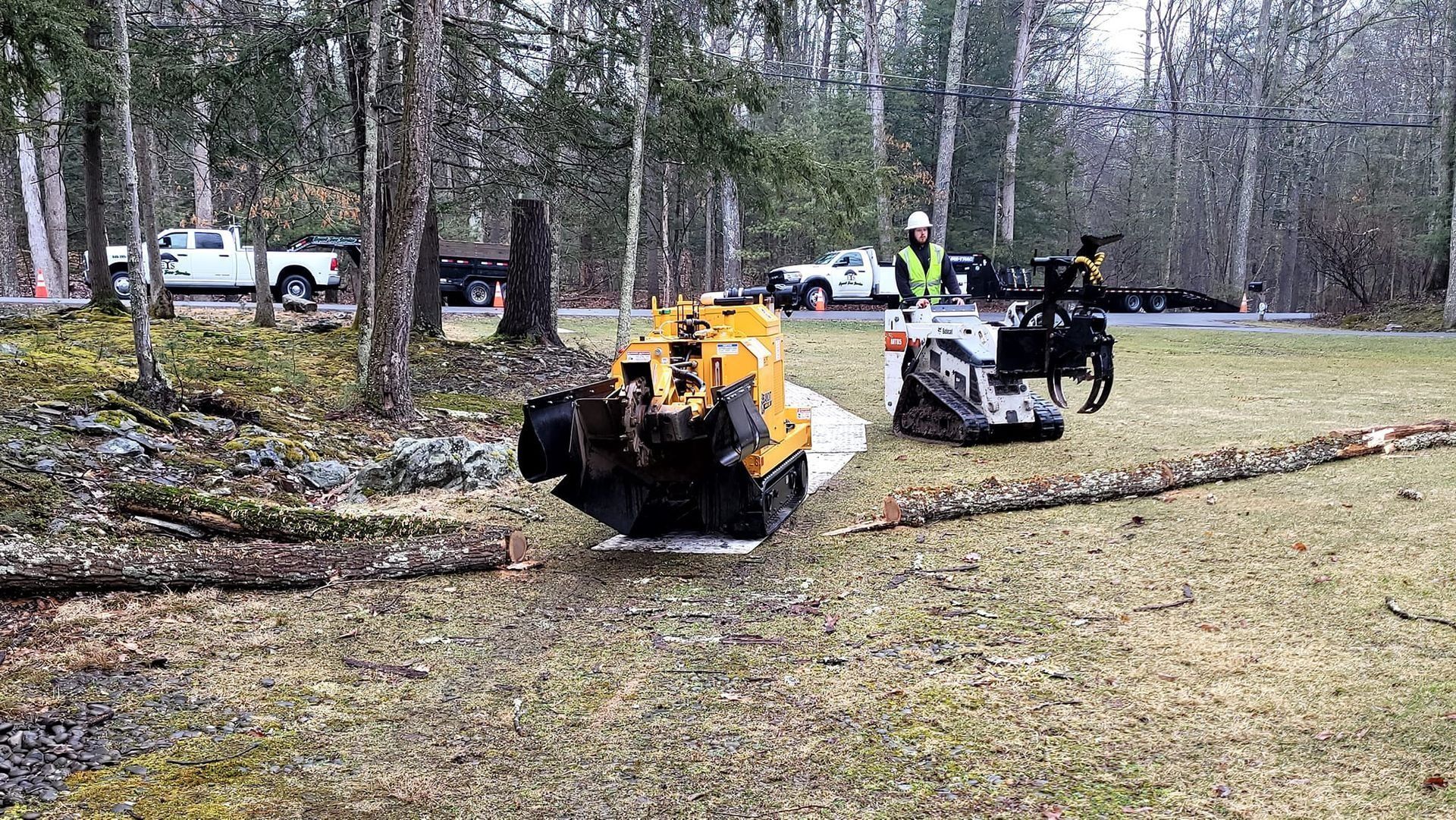 Two small construction vehicles on a grassy, wooded lot, one yellow and one white-black, with trees and parked trucks behind.