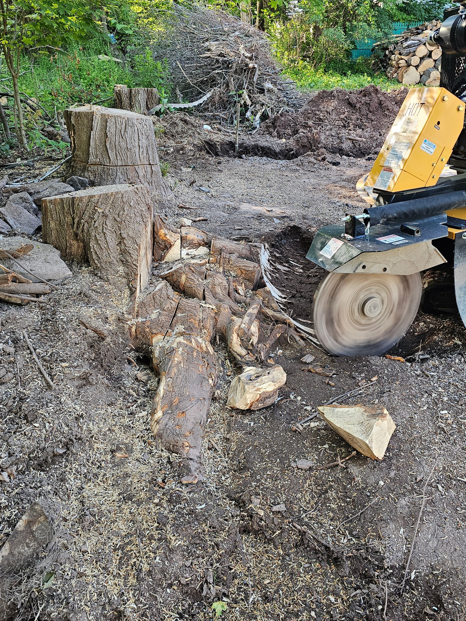 Heavy machinery clearing a fallen tree and debris on a gravel driveway.