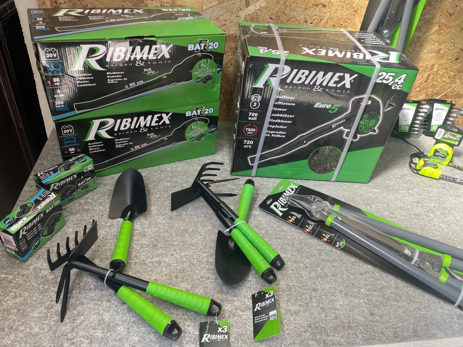 Espositore per attrezzi da giardino Ribimex con rastrelli, zappe e confezioni in scatola verdi e nere su un pavimento ricoperto di moquette.