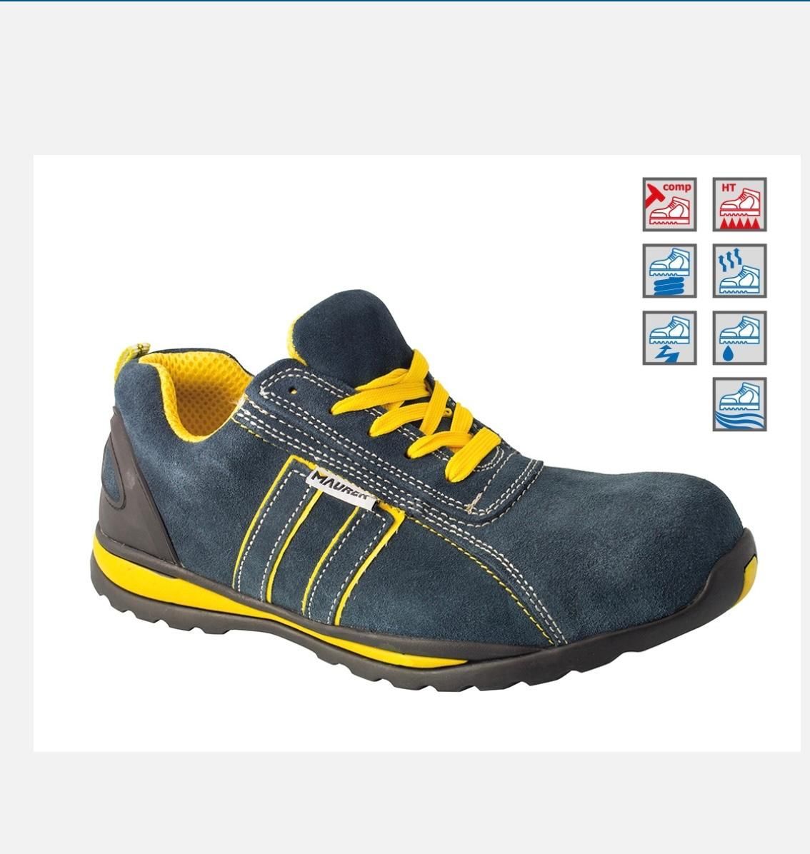 Scarpa sportiva blu e gialla con suola nera e lacci gialli su sfondo bianco.