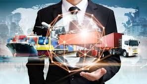 Businessman holding a glowing globe over cargo trucks and ships in a logistics network scene