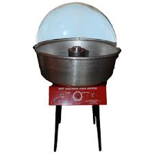 Cotton candy machine with a red base, metal bowl, and clear dome, on black legs.