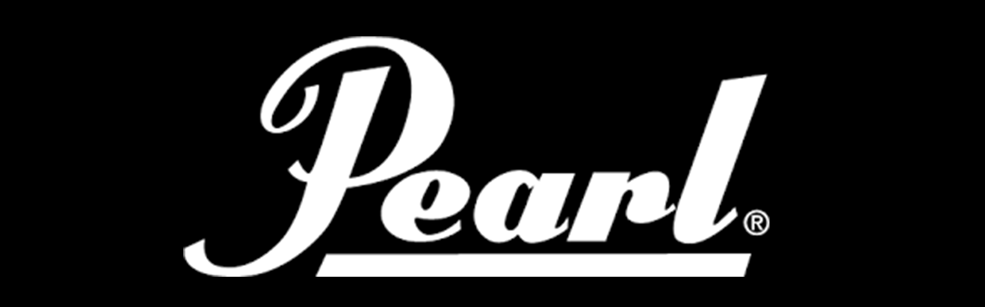 The Pearl drums logo in white cursive font on a black background, with a horizontal white line under the word 