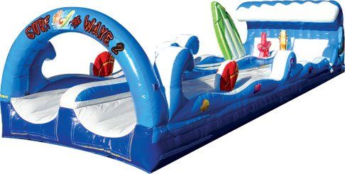 Inflatable blue and white Wave Slide with surfboards and red obstacles, designed for water fun.