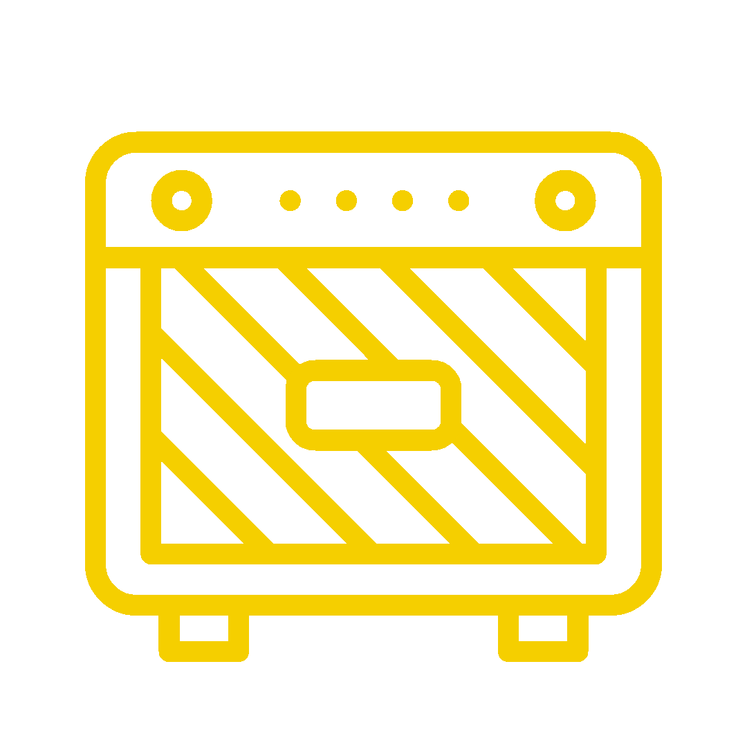 Yellow outline of a vintage amplifier with diagonal lines on the speaker, knobs, and a rectangular handle.