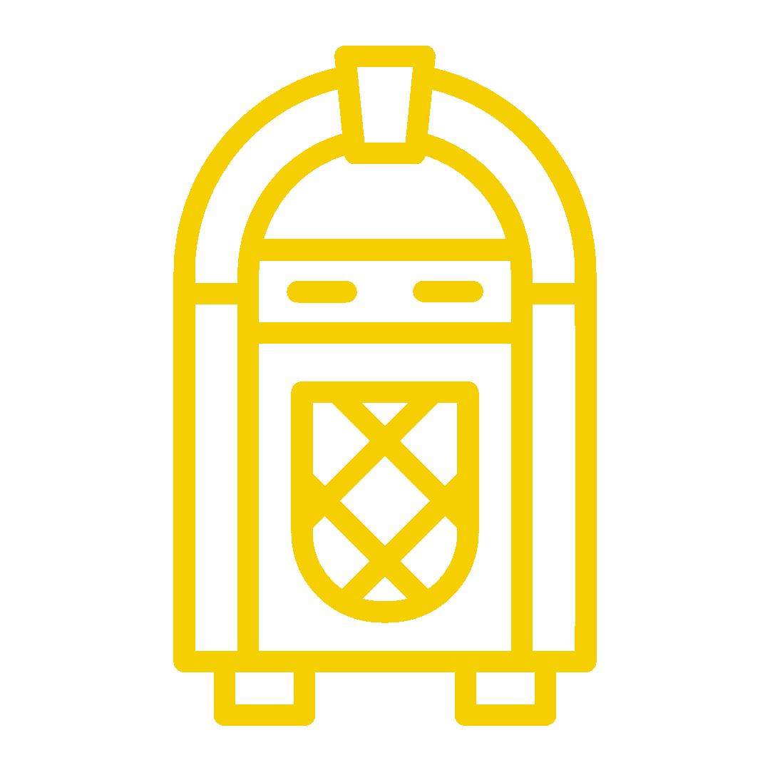 Yellow outline of a jukebox with a curved top and a decorative front panel.