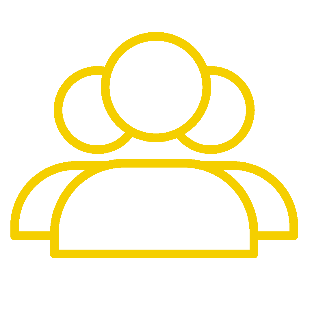 Yellow outline of a group of people, depicting three connected heads above shoulders.