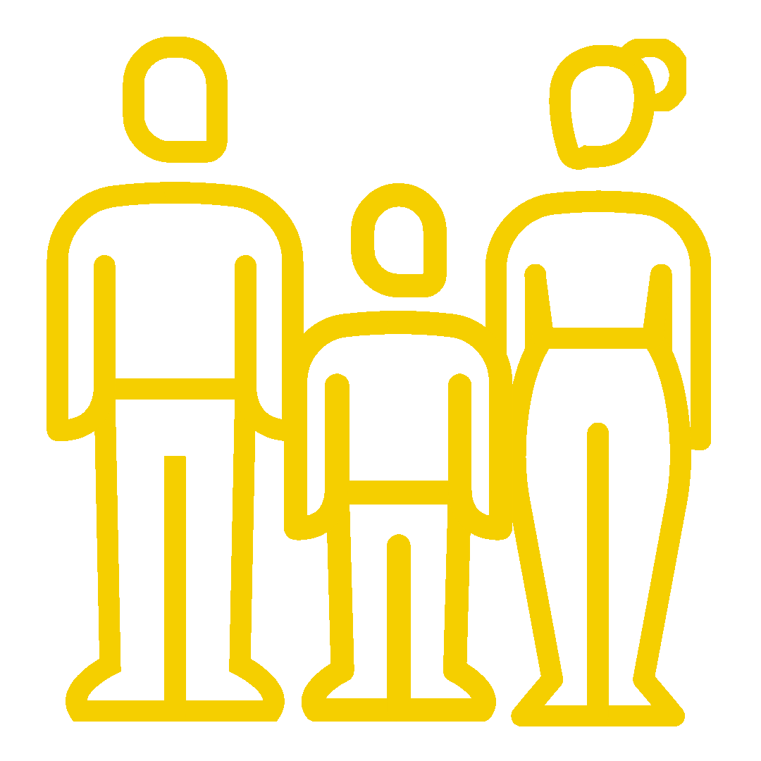 Yellow line art of a family: two adults and a child.