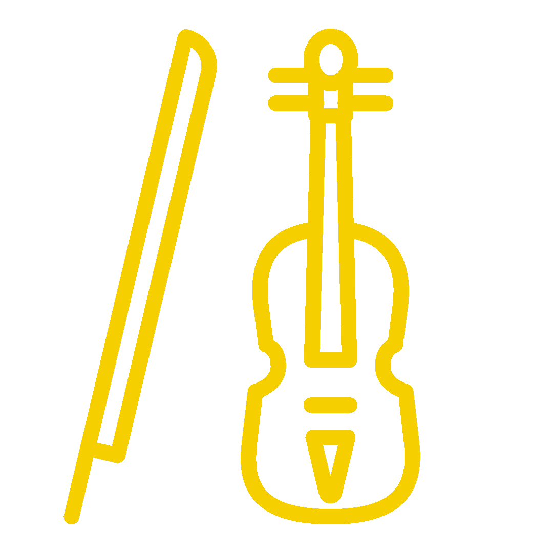 Yellow line drawing of a violin and bow, representing music.