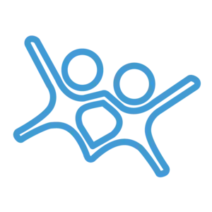 A blue icon of two people holding hands with their arms outstretched.