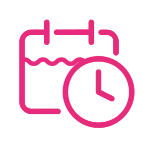 A pink icon of a calendar and a clock on a white background.