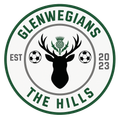 Circular logo with dark green text "GLENWEGIANS THE HILLS," a deer head, a thistle, and two soccer balls on a cream background.
