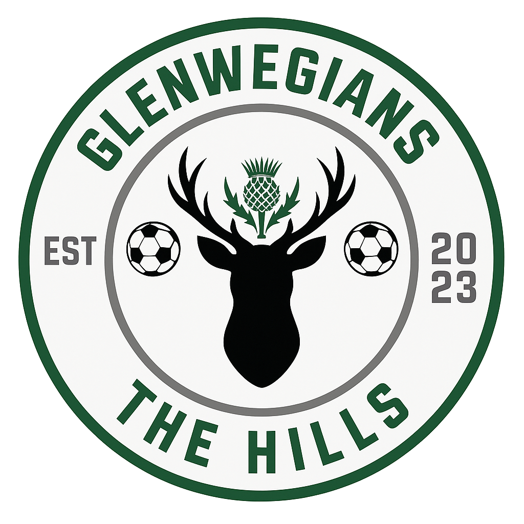 Circular logo with dark green text "GLENWEGIANS THE HILLS," a deer head, a thistle, and two soccer balls on a cream background.