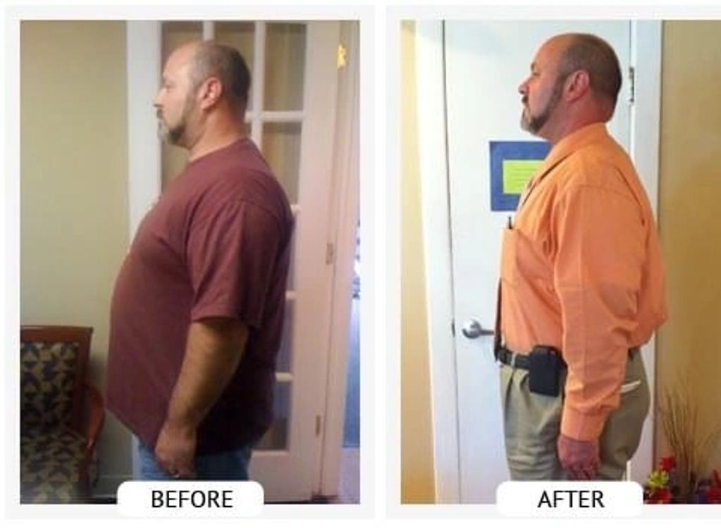Before and After- Roland lost 56 lbs and 34 inches.
