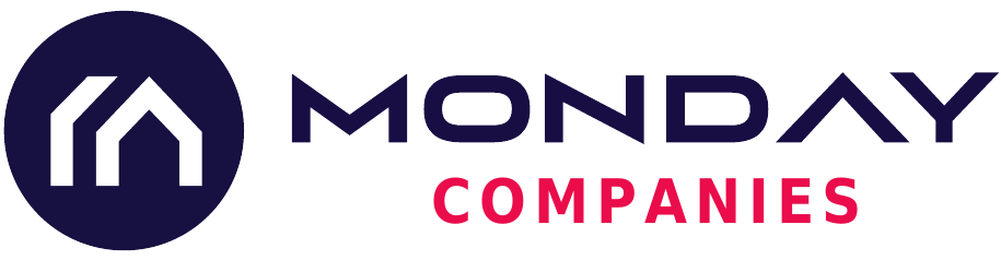 Monday Companies logo with white house icon in navy circle and navy and pink text on white background
