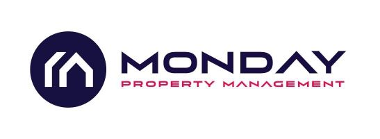 MONDAY Property Management logo with purple house icon and navy text