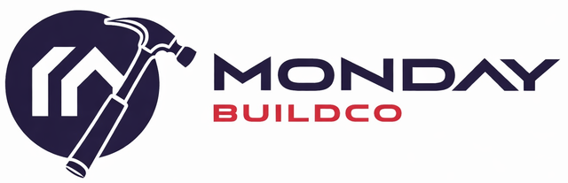 Monday BuildCo logo with a dark navy hammer and house icon and bold purple and red text