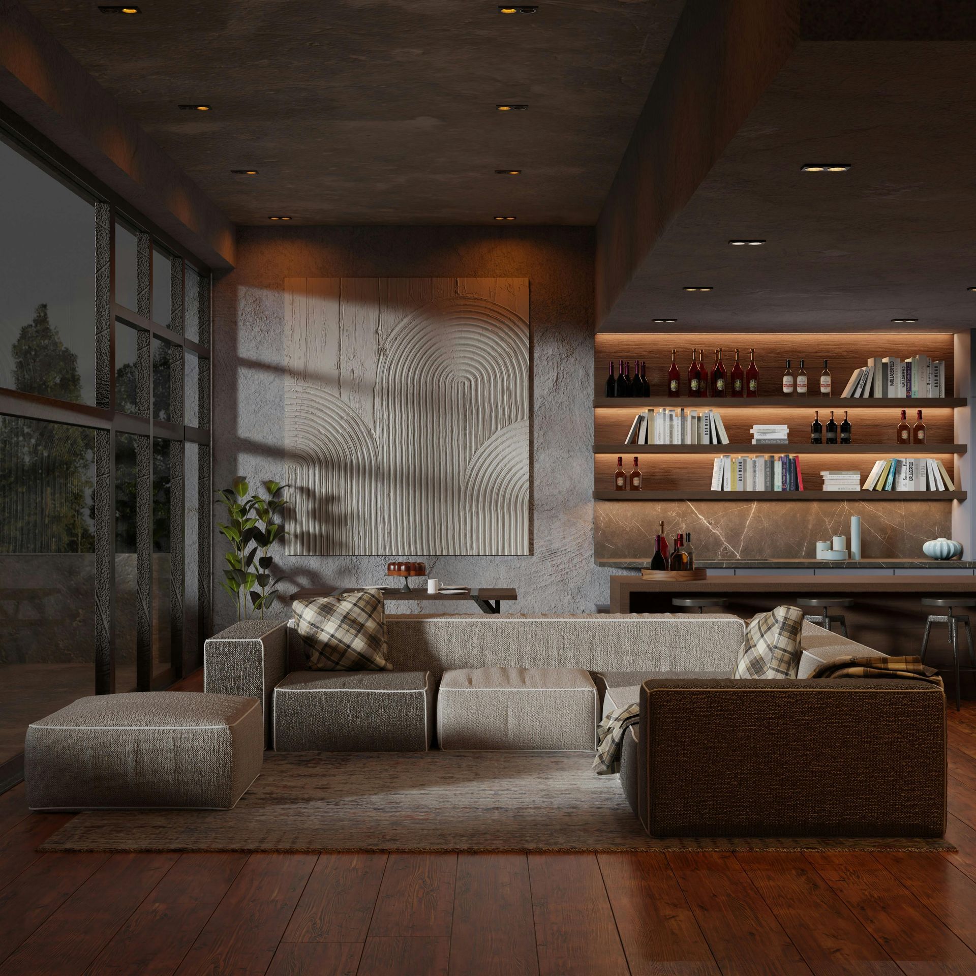 Modern living room with neutral sofas, warm wood tones, and built-in shelves softly lit at dusk