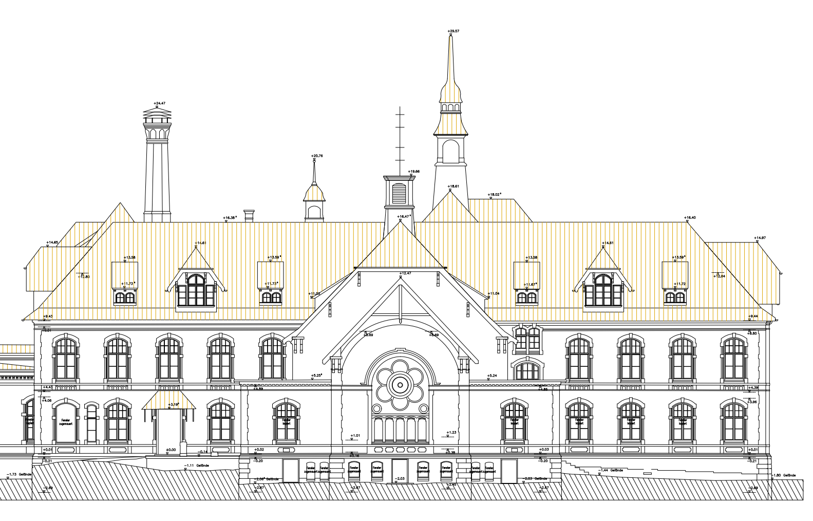 Architektonische Vorderansicht eines klassischen Gebäudes mit gelbem Dach und zentraler Kuppel.