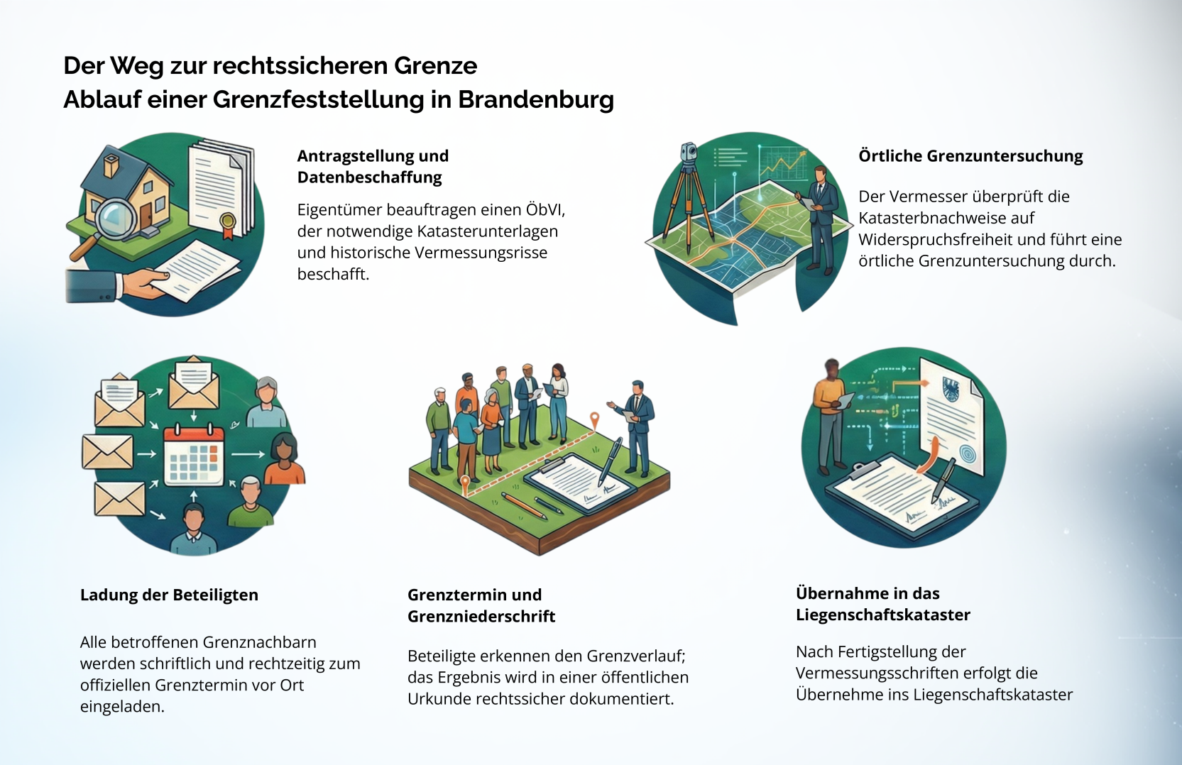 Infografik mit sechs grünen Kreissymbolen, die den Ablauf einer Teilung darstellen