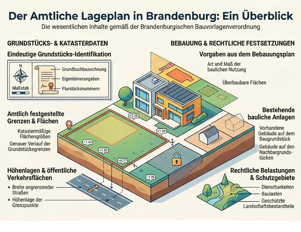 Infografik zum amtlichen Lageplan in Brandenburg mit Grundstück, Gebäuden, Grenzen und Vermessungshinweisen