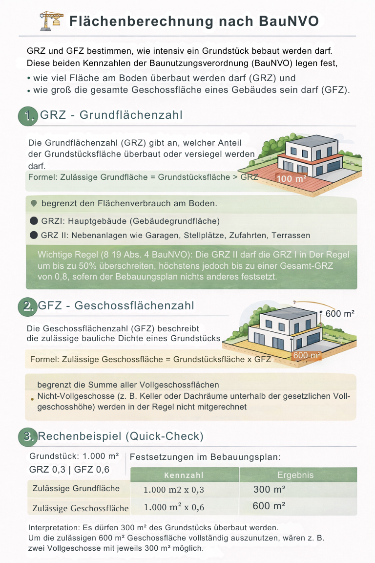 Deutsche Infografik zur Flächenberechnung nach der Baunutzungsverordnung (BauNVO) mit Diagrammen und Gebäudeabbildungen