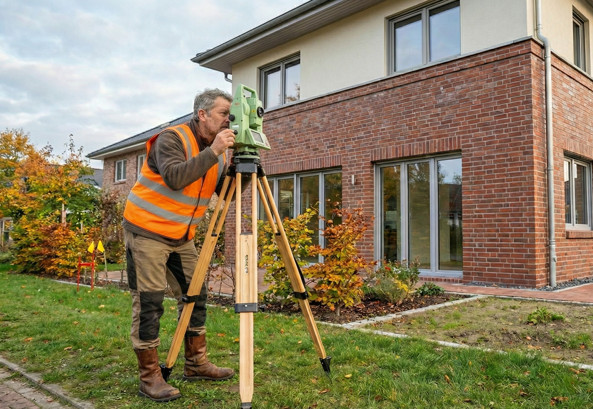 Vermesser in orangefarbener Weste benutzt ein auf einem Stativ montiertes Instrument neben einem Backsteinhaus