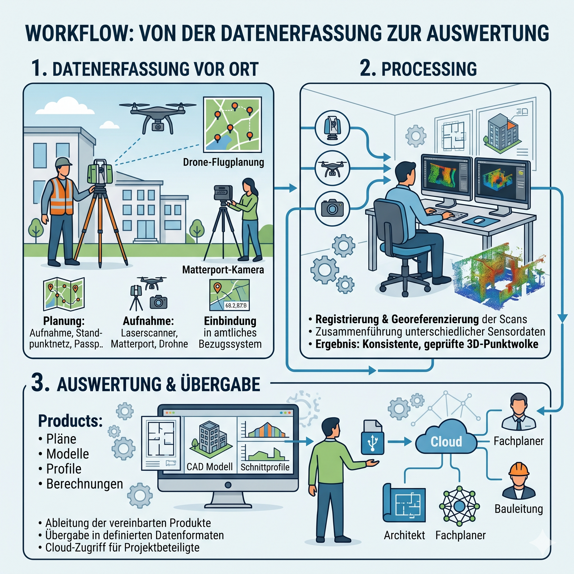 Arbeitsablaufdiagramm: Datenerfassung im Feld, Verarbeitung am Computer sowie cloudbasierte Auswertung und Bereitstellung
