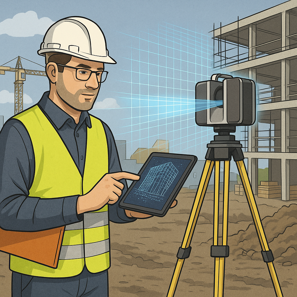 Ein Vermesser benutzt auf einer Baustelle ein Tablet mit 3D-Scanner auf einem Stativ.