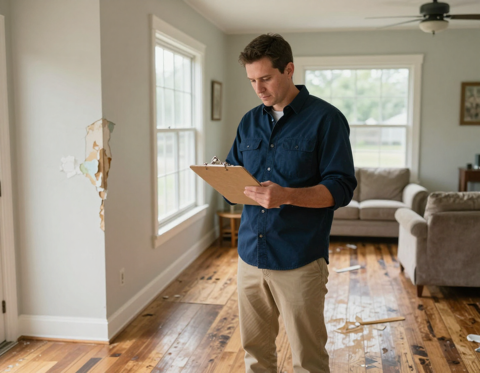 Restoration professional reviewing damage documentation inside a Beaumont area home