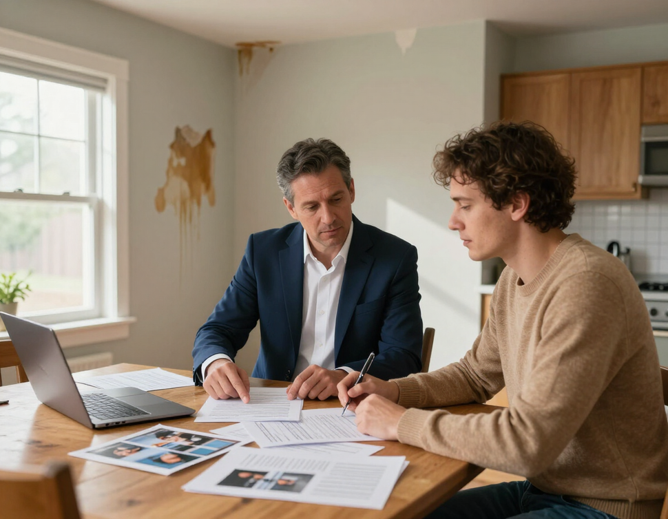 Insurance adjuster and homeowner reviewing damage claim paperwork
