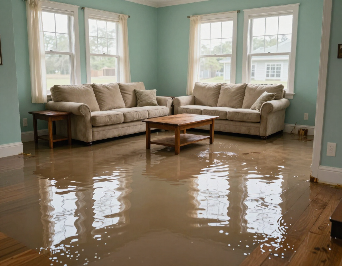 Flooded residential living room in Beaumont, TX