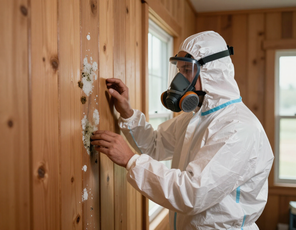 Mold remediation technician in PPE examining water-damaged wall in Lumberton, TX