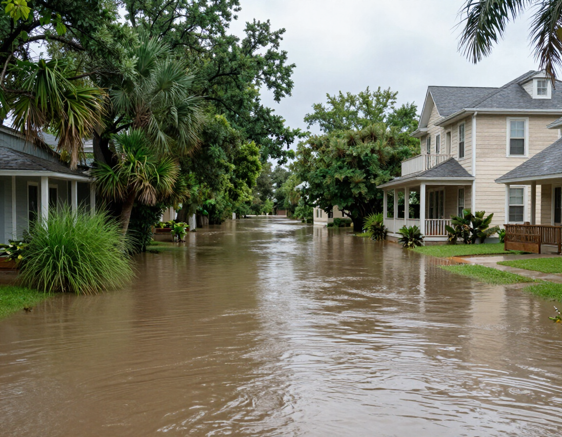 Flooded low-lying residential street in Vidor, TX