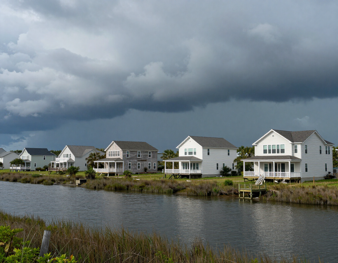 Waterway-adjacent neighborhood in Bridge City, TX with approaching storm
