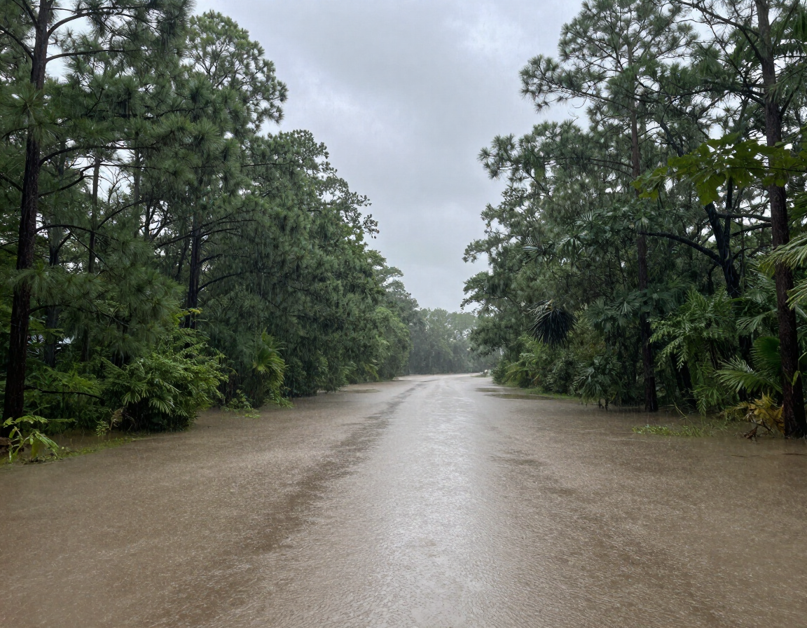 Pine-forested road in Silsbee, TX with post-storm floodwater