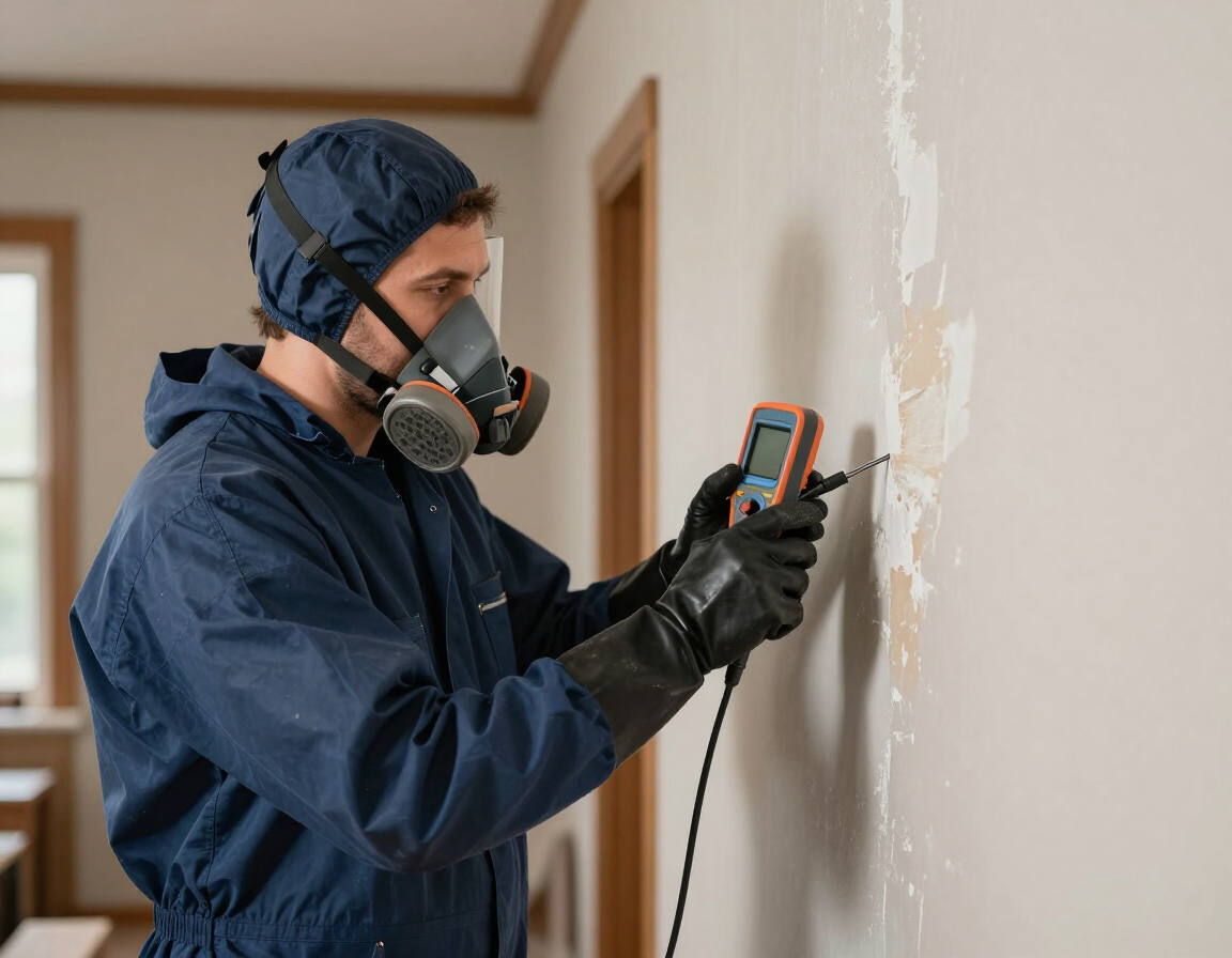 Restoration technician measuring moisture in water-damaged drywall