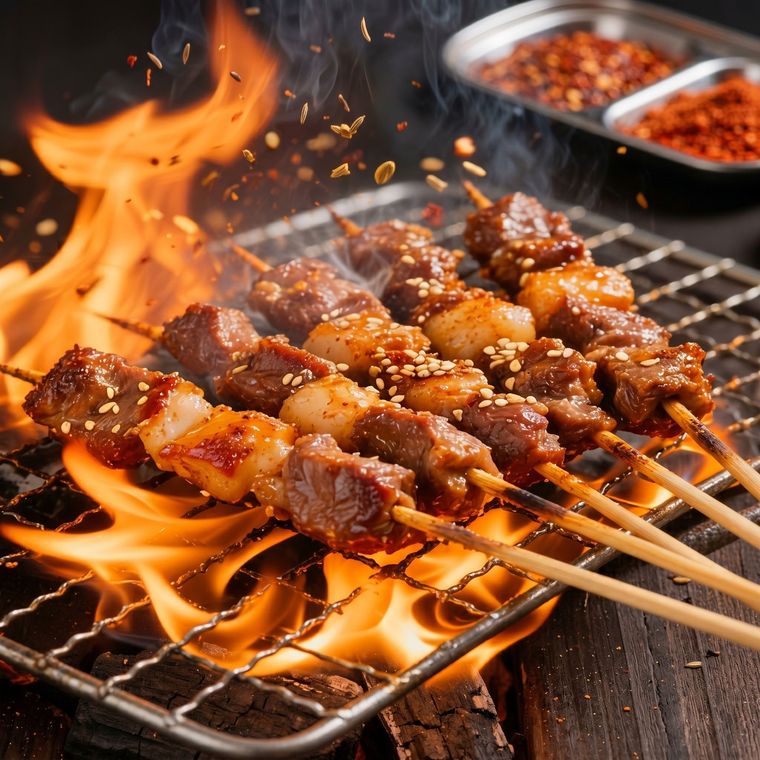 Skewered meat grilling over open flames, with sauce trays in the background