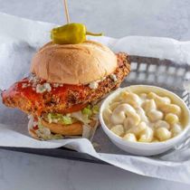 Buffalo fried chicken sandwich with mac and cheese
