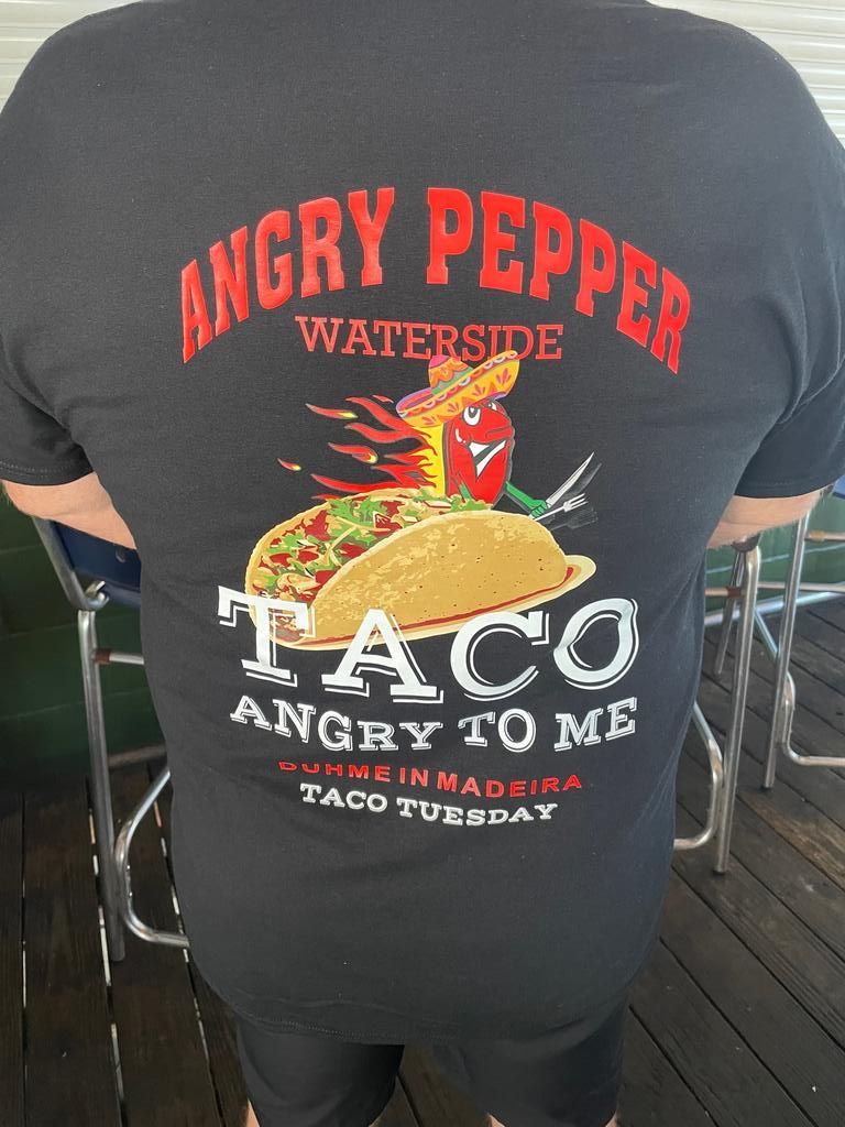 back of t-shirt with taco logo