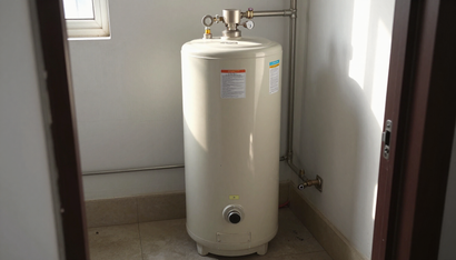 White water heater tank in a small utility room with pipes and a window.