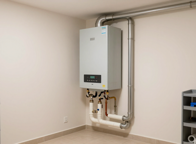Wall-mounted white boiler with pipes in a beige utility room