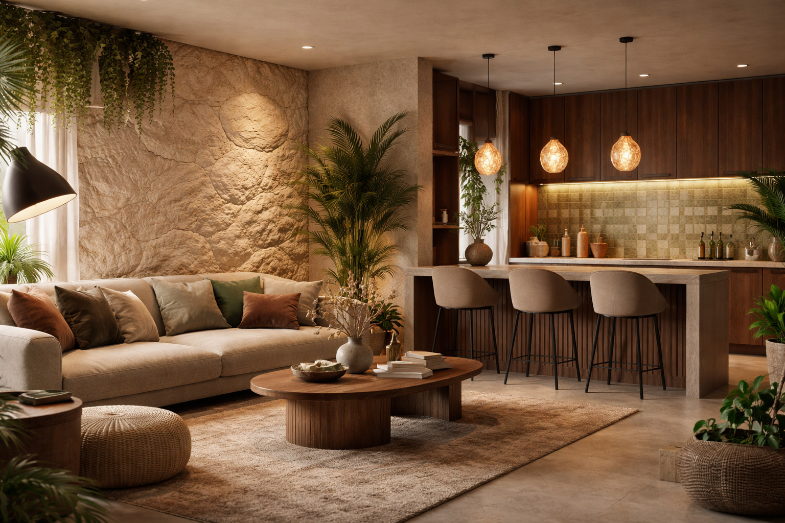 Ambiente moderno com tons terrosos, madeira escura, textura de pedra natural e decoração com plantas