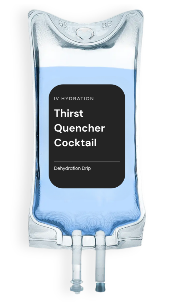 Clear IV fluid bag with blue liquid, hanging vertically, with two ports at the bottom.