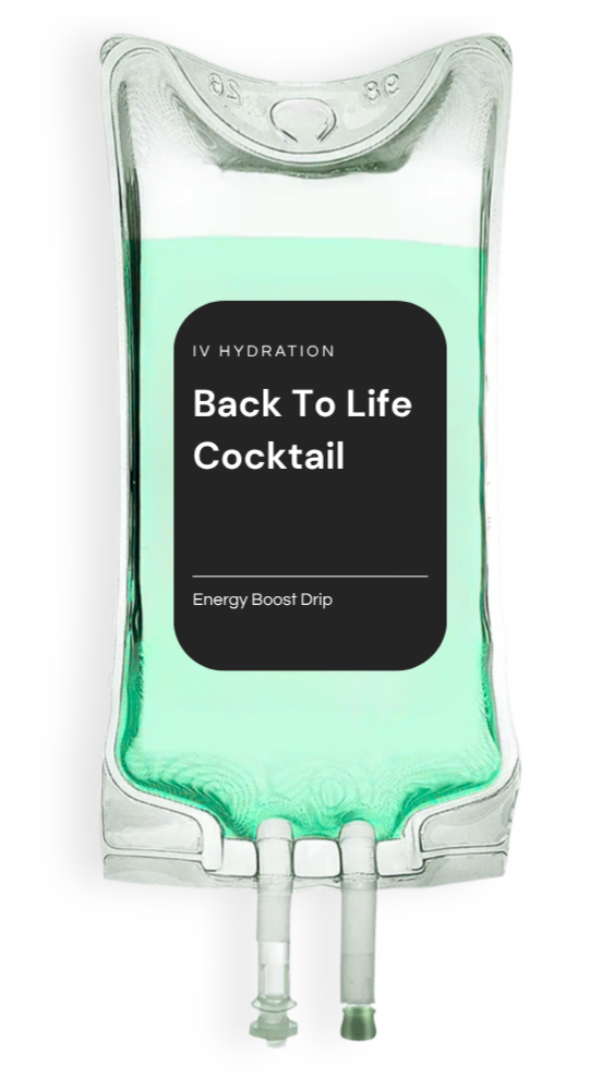 Clear IV fluid bag with blue liquid, hanging vertically, with two ports at the bottom.