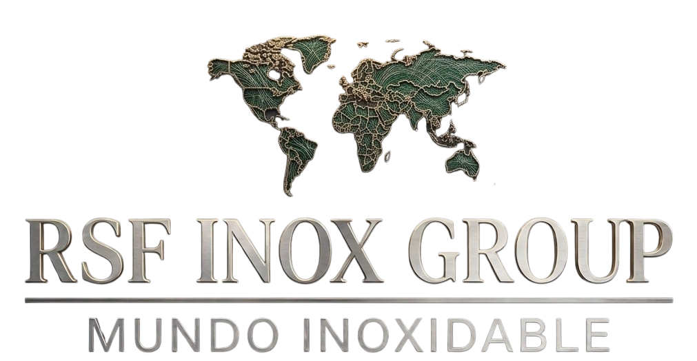 Logotipo de RSF INOX GROUP con un mapa del mundo y el texto “MUNDO INOXIDABLE” sobre un fondo blanco.