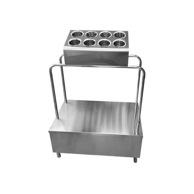 Soporte de acero inoxidable para condimentos sobre un carrito con ocho portavasos y una bandeja inferior.