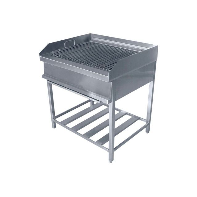 Parrilla de exterior de acero inoxidable con rejilla de cocción de malla y estante inferior sobre un soporte.