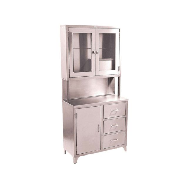 Mueble de cocina de acero inoxidable con puertas superiores de cristal y cajones inferiores de almacenamiento.
